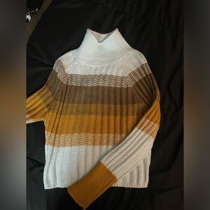 Blue and brown horizontal stripped turtle neck.